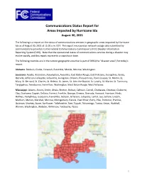 Communications Status Report for Areas Impacted by Hurricane Ida August 30, 2021