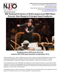 BBC National Orchestra of Wales Names Next NJSO Music Director Xian Zhang Its Principal Guest Conductor