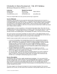 Introduction to Game Development – Fall, 2013 Syllabus