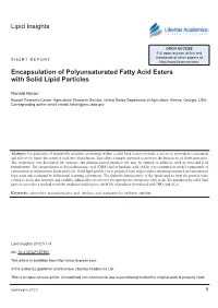 Lipid Insights Encapsulation of Polyunsaturated Fatty Acid Esters with Solid Lipid Particles