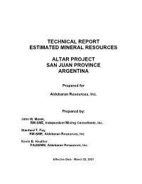 Technical Report Estimated Mineral Resources Altar Project San Juan
