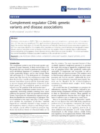 Complement Regulator CD46: Genetic Variants and Disease Associations M