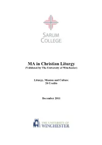 MA in Christian Liturgy (Validated by the University of Winchester)