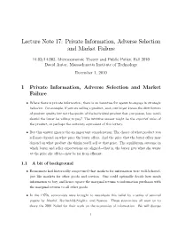 Private Information, Adverse Selection and Market Failure