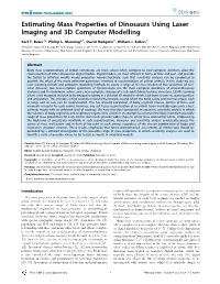 Estimating Mass Properties of Dinosaurs Using Laser Imaging and 3D Computer Modelling