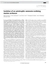 Isolation of an Autotrophic Ammonia-Oxidizing Marine Archaeon