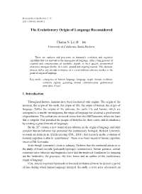 The Evolutionary Origin of Language Reconsidered
