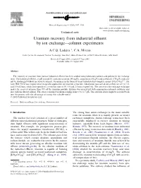 Uranium Recovery from Industrial Effluent by Ion Exchange—Column Experiments
