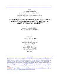 SCA-TR-2016-SEC010, Argonne National Laboratory-West SEC-00224 Reactor Prioritization for Evaluation of ORAUT-OTIB-0054 Applicab