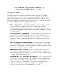 Advanced English 10 Suggested Summer Reading List “We Read to Know We Are Not Alone.” ~ C.S