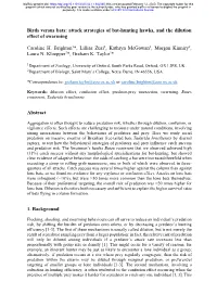 Birds Versus Bats: Attack Strategies of Bat-Hunting Hawks, and the Dilution Effect of Swarming