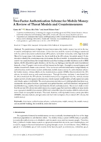 Two-Factor Authentication Scheme for Mobile Money: a Review of Threat Models and Countermeasures