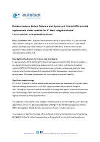 Eutelsat Selects Airbus Defence and Space and Orbital ATK to Build Replacement Video Satellite for 5° West Neighbourhood Launch Services to Be Provided by Proton