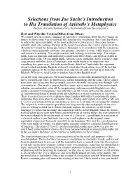 Selections from Joe Sachs's Introduction to His Translation of Aristotle's Metaphysics (Sachs's Extensive Footnotes Have Been Omitted from This Selection.)