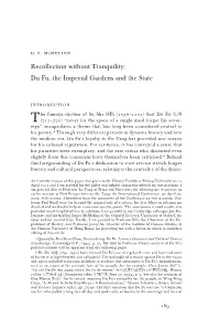 Recollection Without Tranquility: Du Fu, the Imperial Gardens and the State