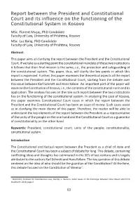 Report Between the President and Constitutional Court and Its Influence on the Functioning of the Constitutional System in Kosovo Msc