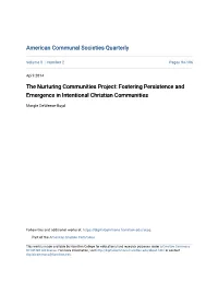 The Nurturing Communities Project: Fostering Persistence and Emergence in Intentional Christian Communities