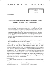 Grounds and Preparations for the Main Thesis of "Veritatis Splendor"