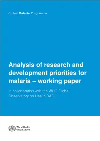 Analysis of Research and Development Priorities for Malaria – Working Paper