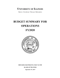 Budget Summary for Operations Fy2020