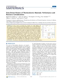 Data-Driven Review of Thermoelectric Materials: Performance and Resource Considerations † ‡ ‡ ‡ § † ‡ Michael W