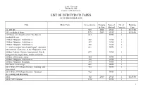 List of Dvd/Vcd/Cd Tapes As of December 2016