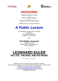 A Public Lecture LEONHARD EULER