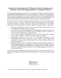 Statement of Condemnation of U.S. Mass-Surveillance Programs, and a Reminder of Our Ethical Responsibilities As Computer Scientists