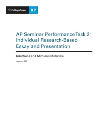 AP Seminar Performance Task 2: Individual Research-Based Essay and Presentation