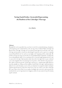 Saving Sarah Fricker: Accurately Representing the Realities of the Coleridges’ Marriage