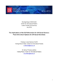 The Implications of the EU Referendum for UK Social Science: Post-Referendum Options for UK Social Scientists