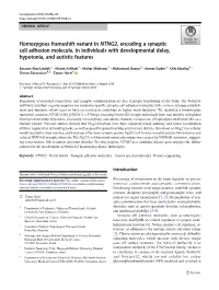 Homozygous Frameshift Variant in NTNG2, Encoding a Synaptic Cell Adhesion Molecule, in Individuals with Developmental Delay, Hypotonia, and Autistic Features