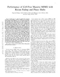 Performance of Cell-Free Massive MIMO with Rician Fading and Phase Shifts