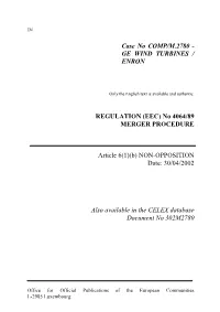 Case No COMP/M.2780 - GE WIND TURBINES / ENRON