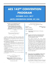 Aes 143Rd Convention Program October 18–21, 2017