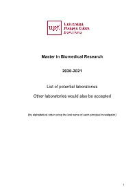 Master in Biomedical Research 2020-2021 List of Potential