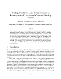 Binding, Coreference, and Presuppositions: a Presuppositional Precede-And-Command Binding Theory