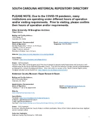 South Carolina Historical Repository Directory