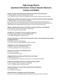 High Energy Physics Quantum Information Science Awards Abstracts Cosmos and Qubits