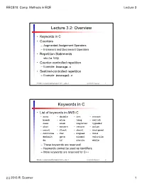 Lecture 3.2: Overview Keywords in C