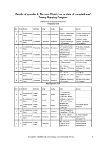 Details of Quarries in Thrissur District As on Date of Completion of Quarry Mapping Program