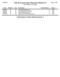 Talk up Toastmasters Report for District 01 Page 1 of 122 As of March 31, 2020