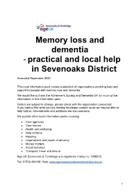 Memory Loss and Dementia - Practical and Local Help in Sevenoaks District