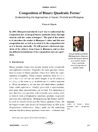 Composition of Binary Quadratic Forms∗ Understanding the Approaches of Gauss, Dirichlet and Bhargava