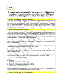 Transport Policy Statement for Learners Aged 16-18 in Further Education and Continuing Learners with Learning Difficulties and O
