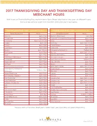 2017 Thanksgiving Day and Thanksgetting Day Merchant Hours