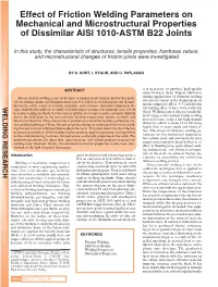 Effect of Friction Welding Parameters on Mechanical and Microstructural Properties of Dissimilar AISI 1010-ASTM B22 Joints