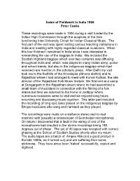Index of Fieldwork in India 1986 Peter Cooke These Recordings Were