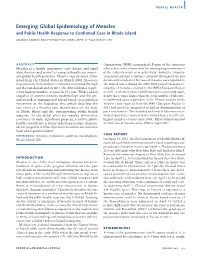 Emerging Global Epidemiology of Measles and Public Health Response to Confirmed Case in Rhode Island