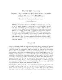 Molten Salt Reactors Resource Requirements and Proliferation-Risk Attributes of Single-Fluid and Two-Fluid Designs